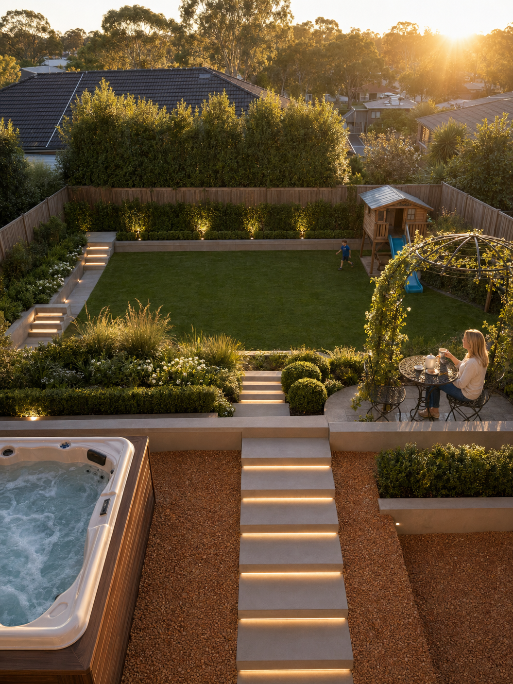 View from house looking down the tiered backyard